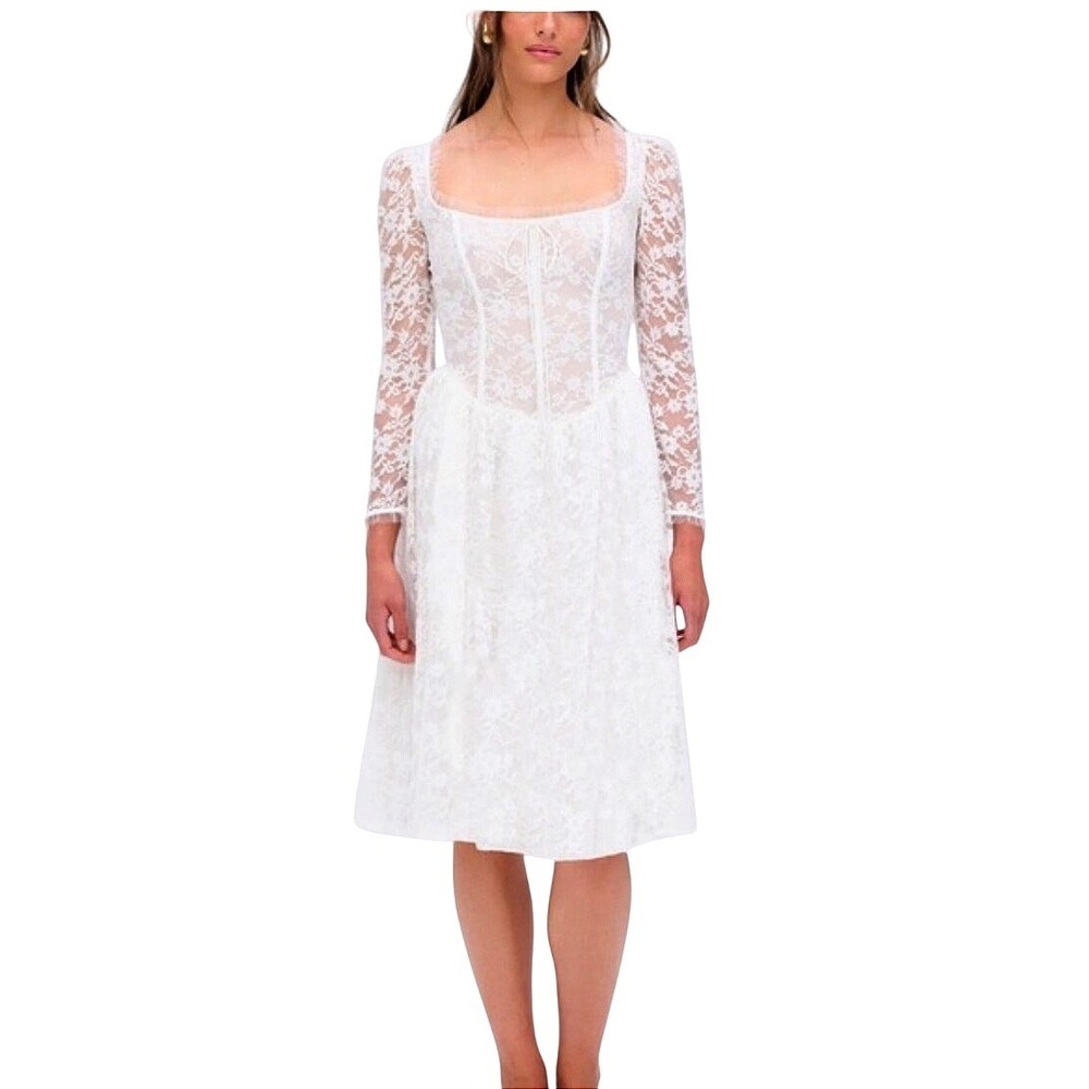For Love And Lemons Camdyn Lace Midi Dress White Bridal Long Sleeve NWT‎ Size M